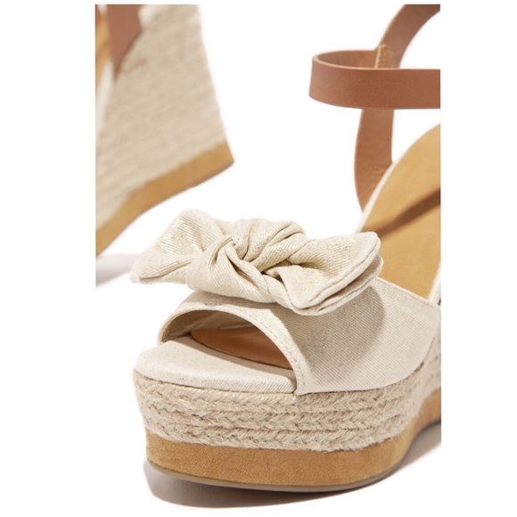 Natural Peep Toe Bow Tie Espadrille Wedge Sandals - Picture 4 of 5